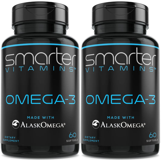 Two bottles of Smarter Omega-3 Berry flavor burpless softgels