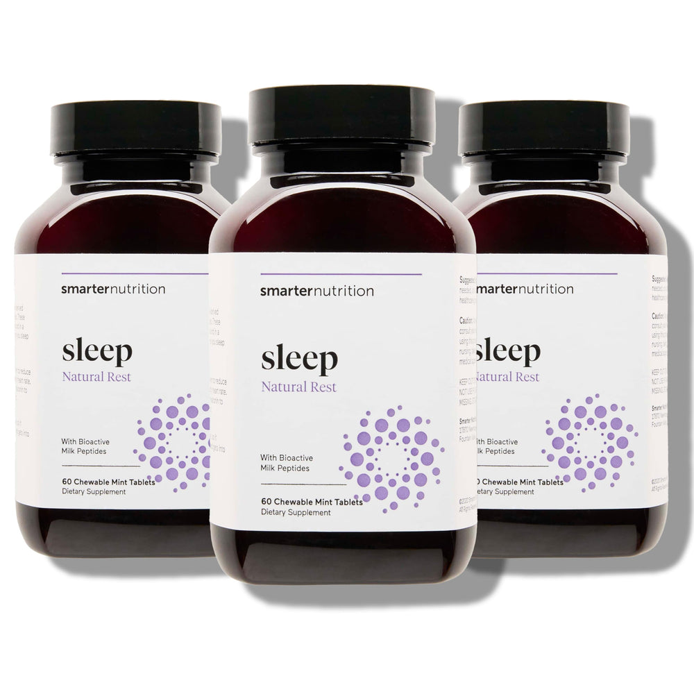 Front bottle of Smarter Sleep Melatonin dissolvable tablets with Lactium and mint flavor