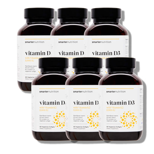 SmarterNutrition vegan D3 5000 IU + K2 1100 mcg bottle with Organic Coconut & Olive Oil