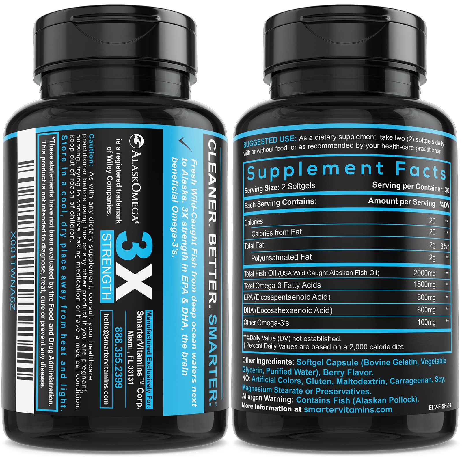 Pour-ready SmarterVitamins Omega-3 bottle highlights easy daily dosing.