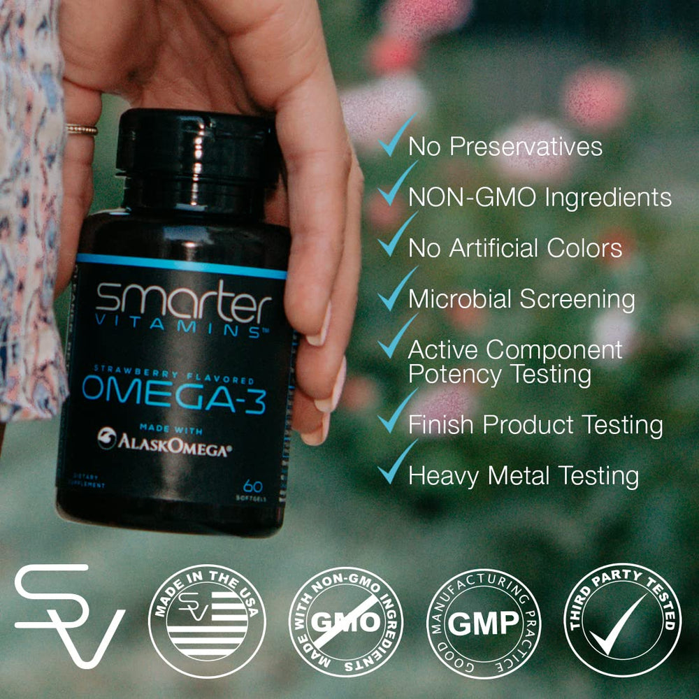 SmarterVitamins Omega-3 label confirms gluten-free and non-GMO purity.