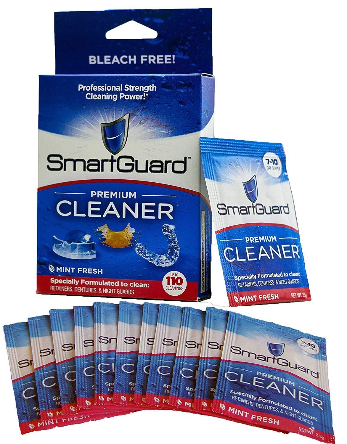 SmartGuard Crystals bottle illustrating 110 cleanings for dentures
