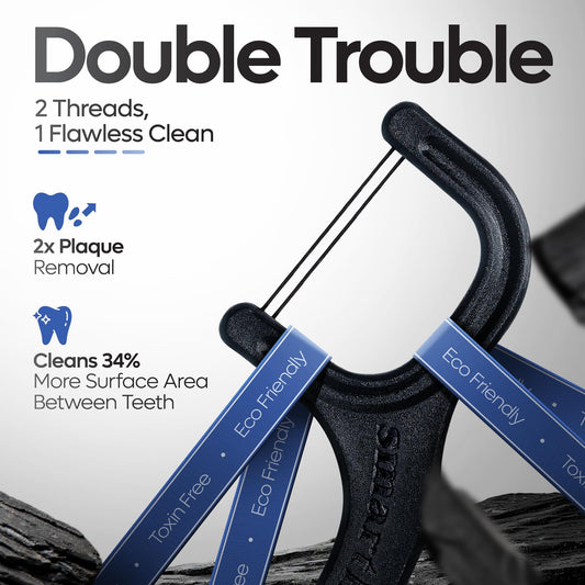 Close-up of straw wheat blend floss picks showing dual-thread design