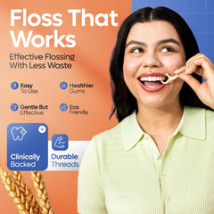 Close-up of dual-thread floss on a floss pick