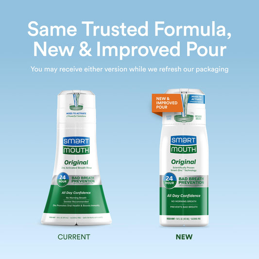 Back view of SmartMouth mint mouthwash bottle showing ingredients and directions