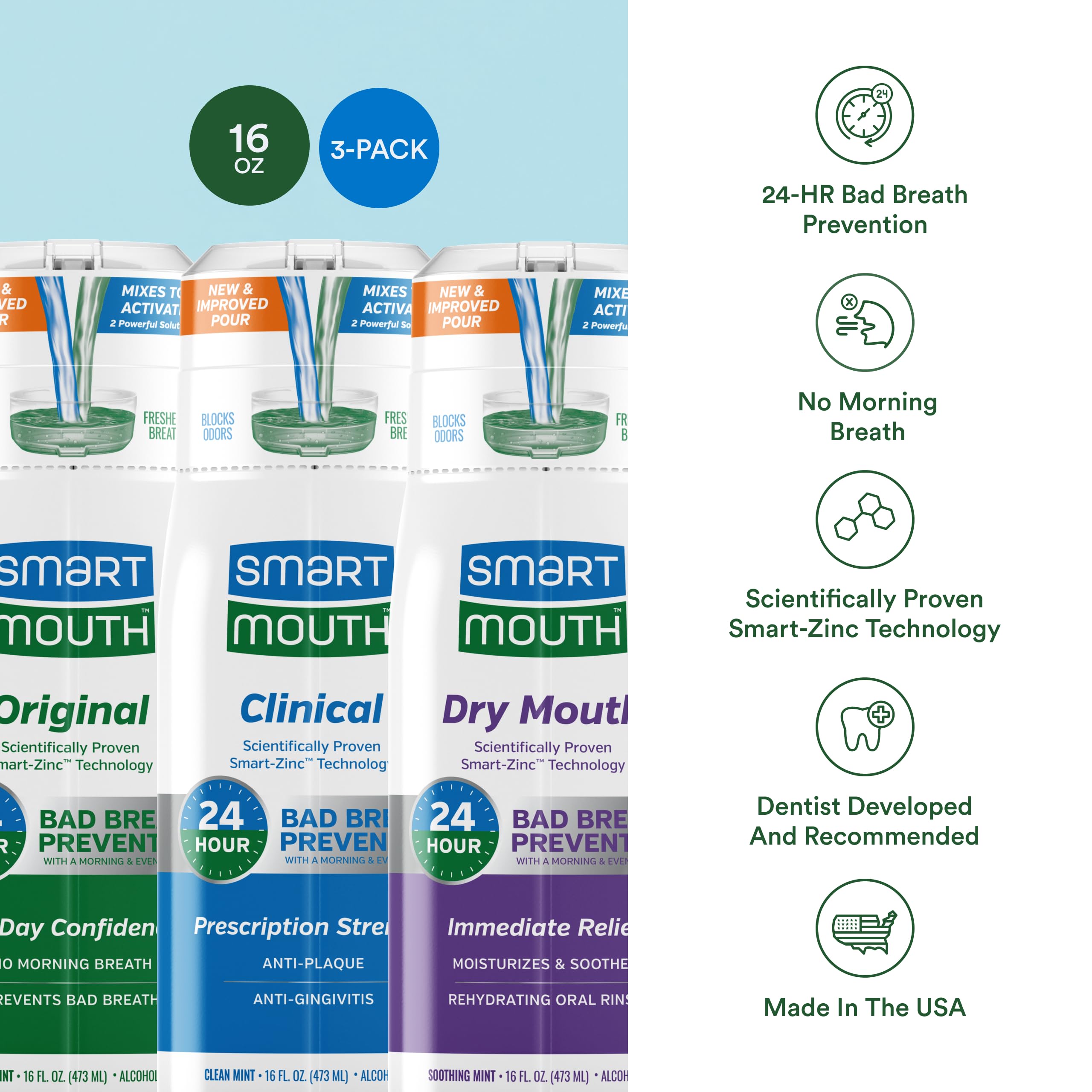 Close-up of SmartMouth label on mint mouthwash bottle