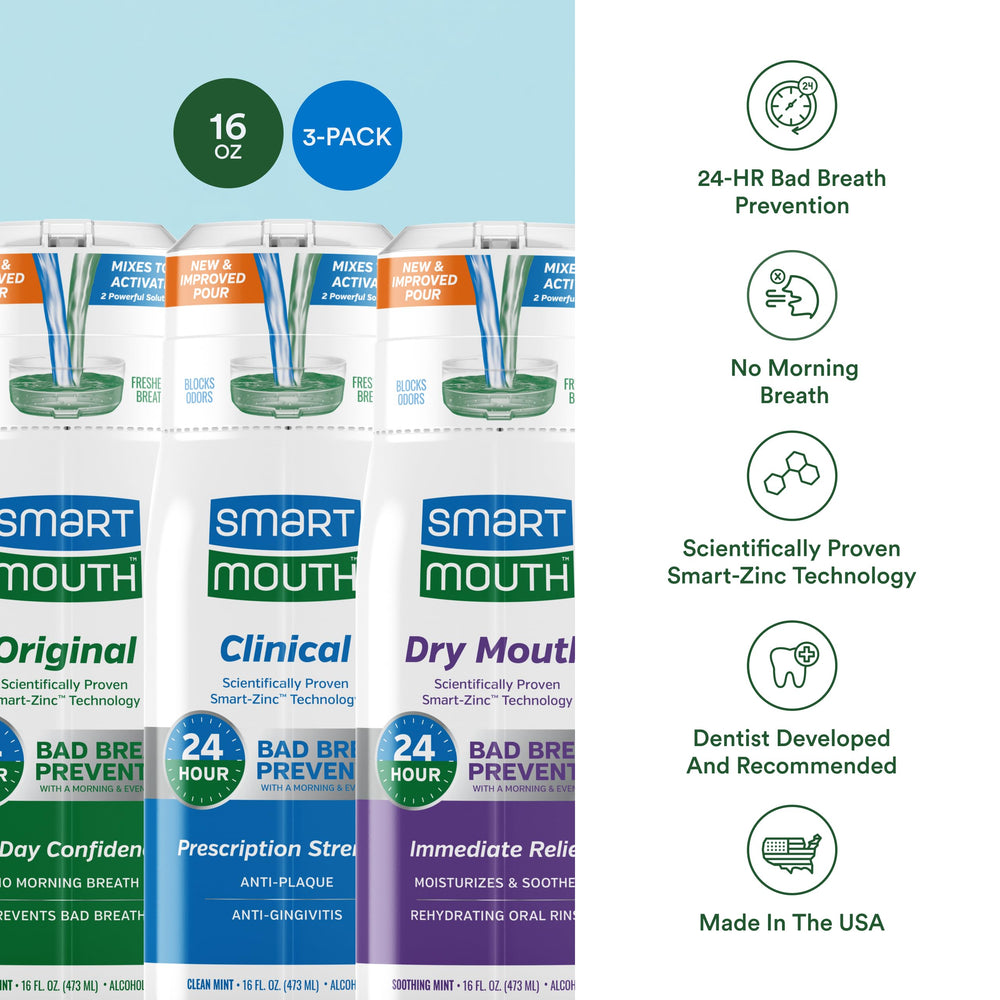 Close-up of SmartMouth label on mint mouthwash bottle
