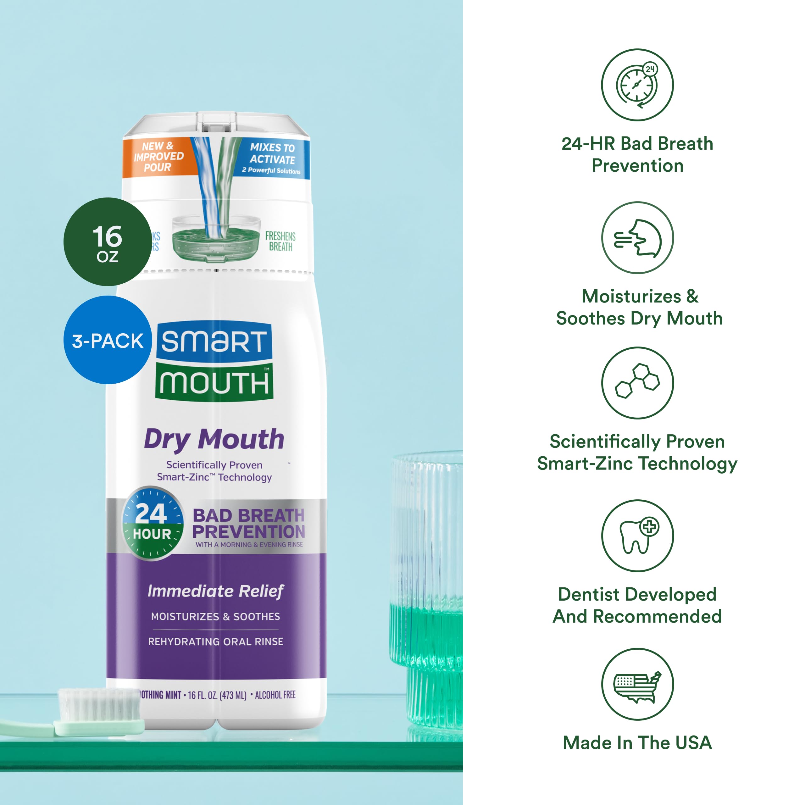 Three-bottle SmartMouth Activated Dry Mouth Mouthwash 16 oz 3-pack display