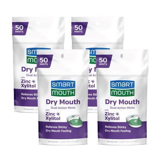 SmartMouth Dry Mouth Dual-Action Mints Mellow Mint package with 50 count four pack