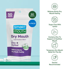 Individual mint tablets displayed near SmartMouth logo