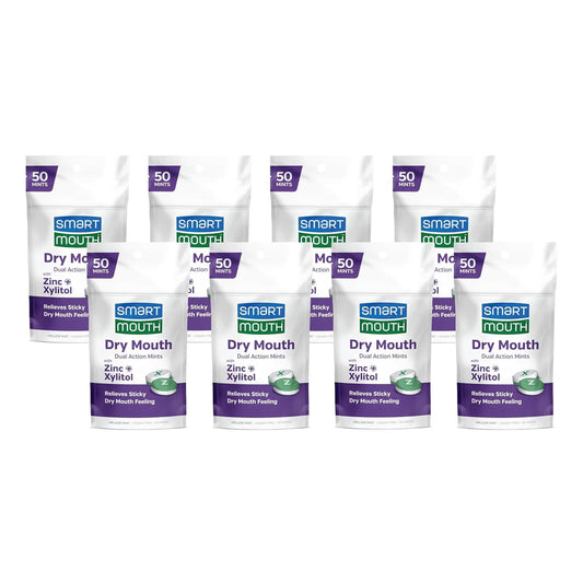 SmartMouth Dry Mouth Dual-Action Mints package with 8-pack display