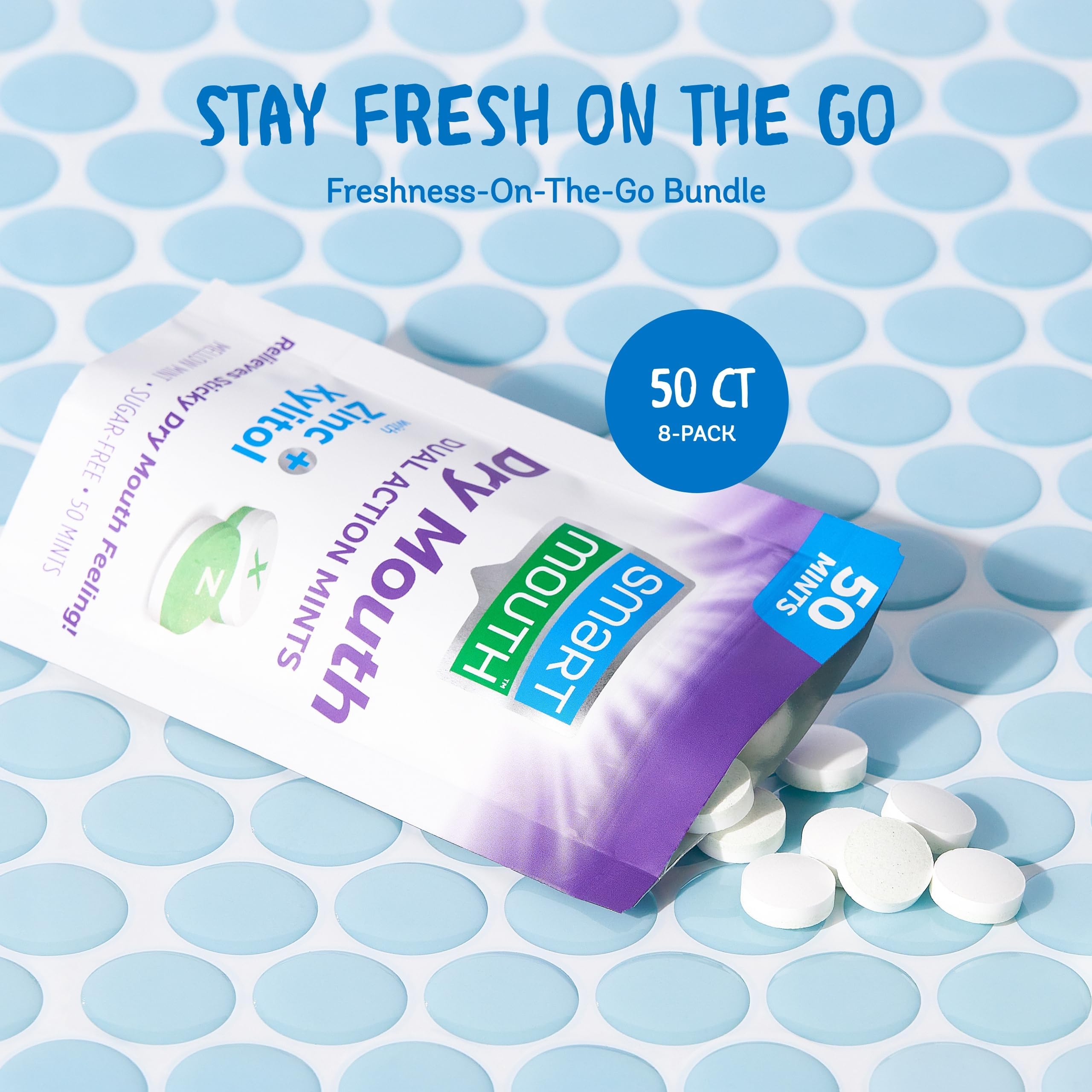 SmartMouth Dry Mouth Mints box showing 50-count count