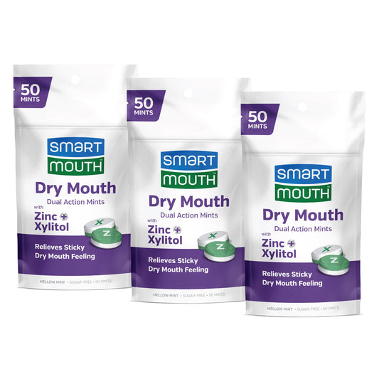 SmartMouth Dry Mouth Dual-Action Mints front label, 50-count, 3-pack