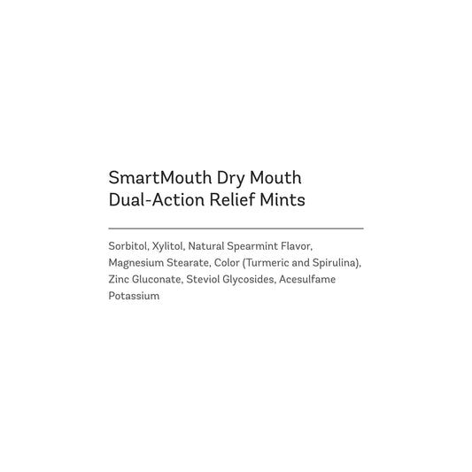 Close-up of packaging label for SmartMouth Dry Mouth Mints