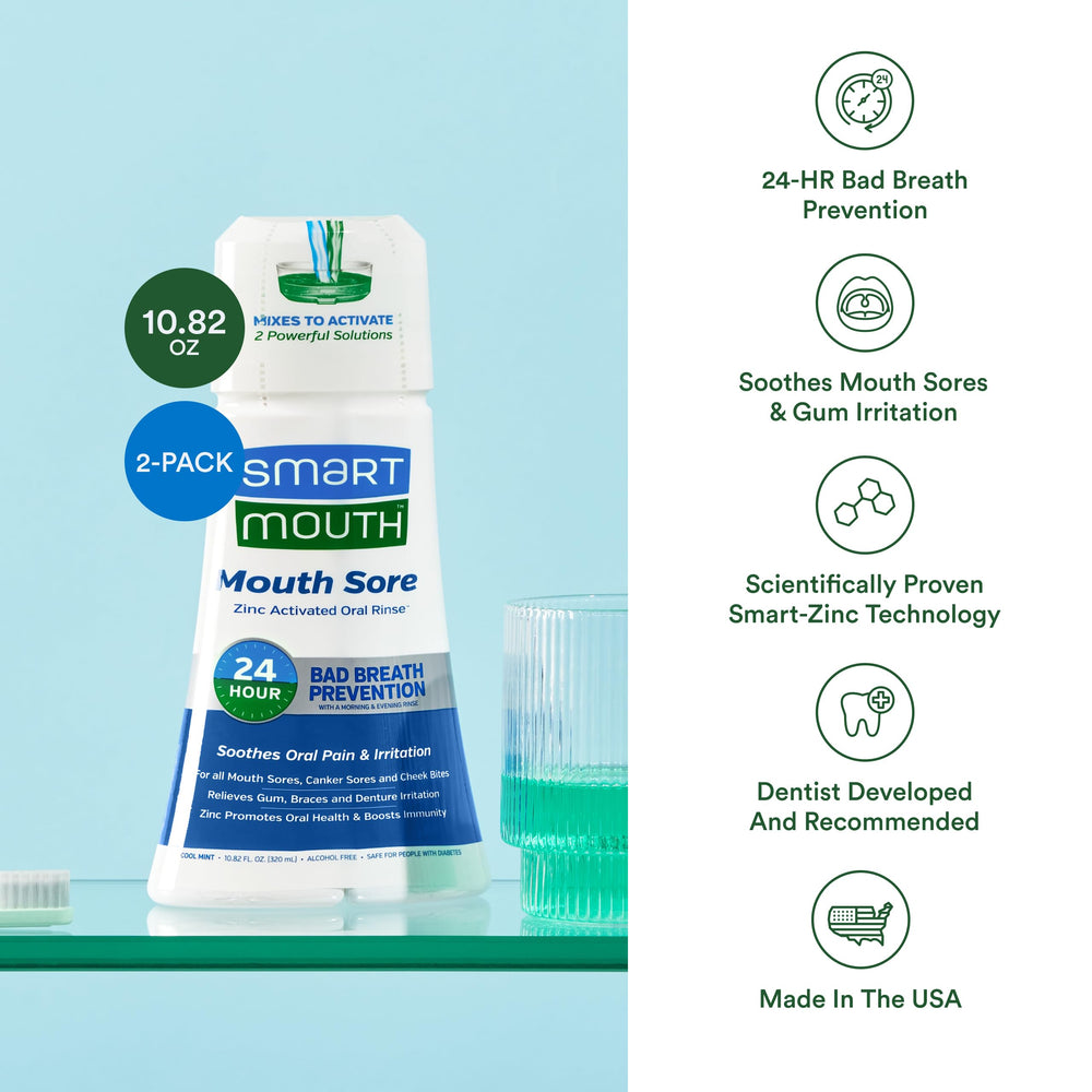 Back label detailing ingredients on SmartMouth Mouth Sore 10.82 oz bottle