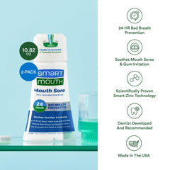 Back label detailing ingredients on SmartMouth Mouth Sore 10.82 oz bottle