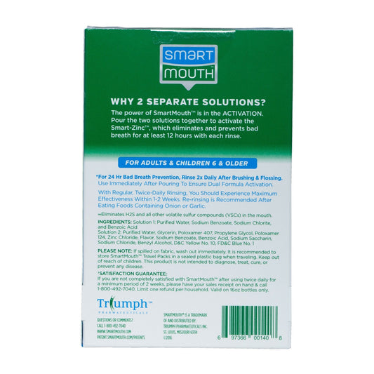 Close-up of an individual Clean Mint mouthwash packet for travel