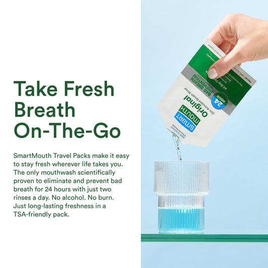 Travel mouthwash single packs displayed for travel use
