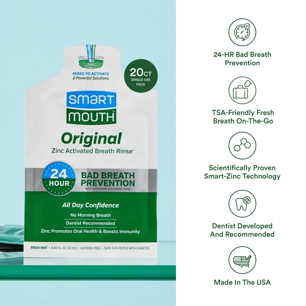 Travel packs of SmartMouth Original Activated Mouthwash shown together