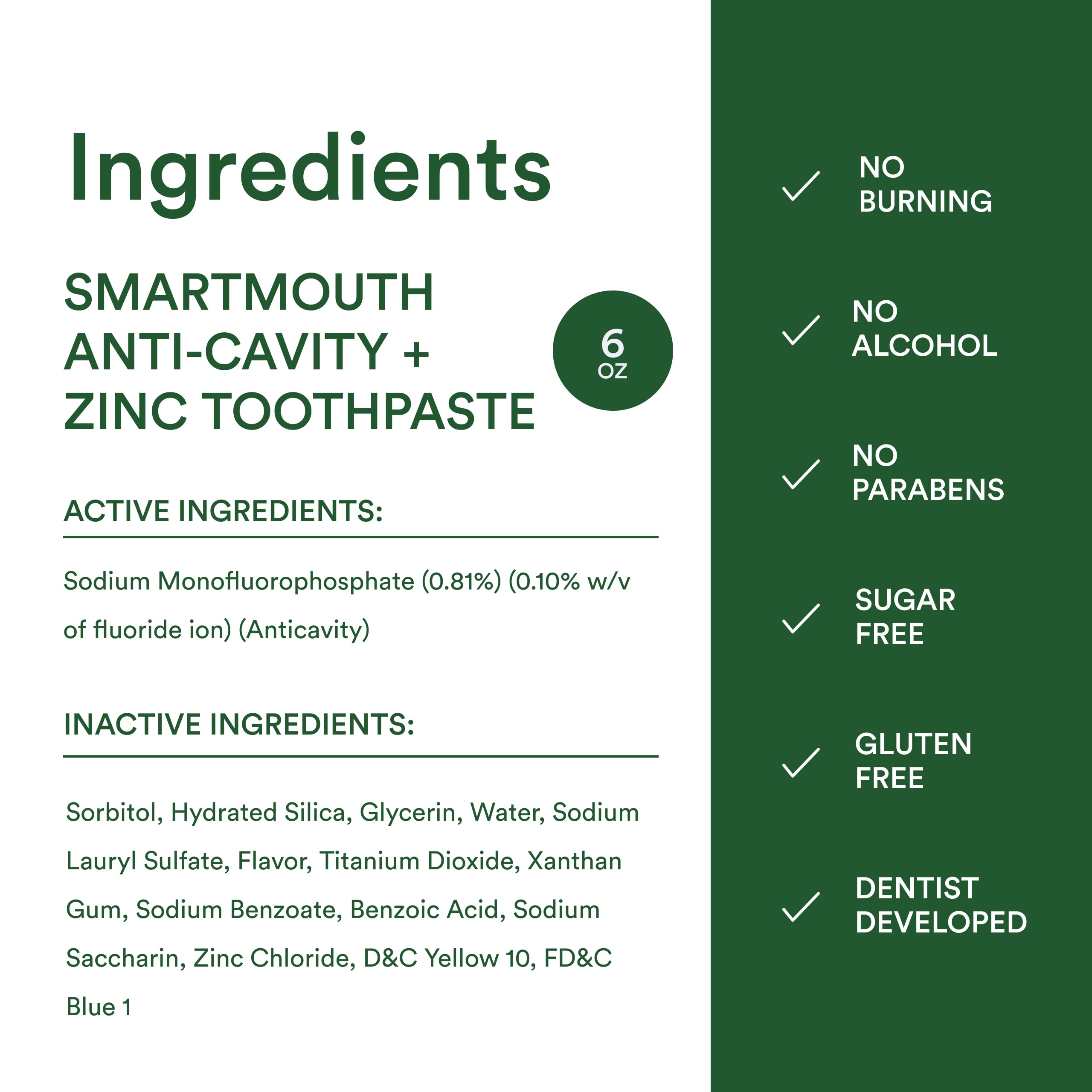 Alcohol-free SmartMouth toothpaste labeling and icons