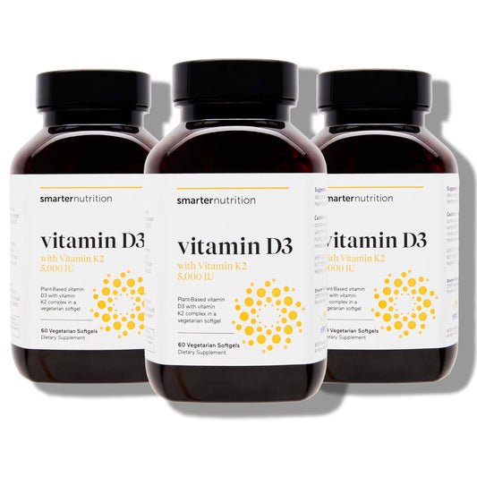 Front label of SmarterNutrition Vegan Vitamin D3 5000 IU + K2 1100 mcg bottle