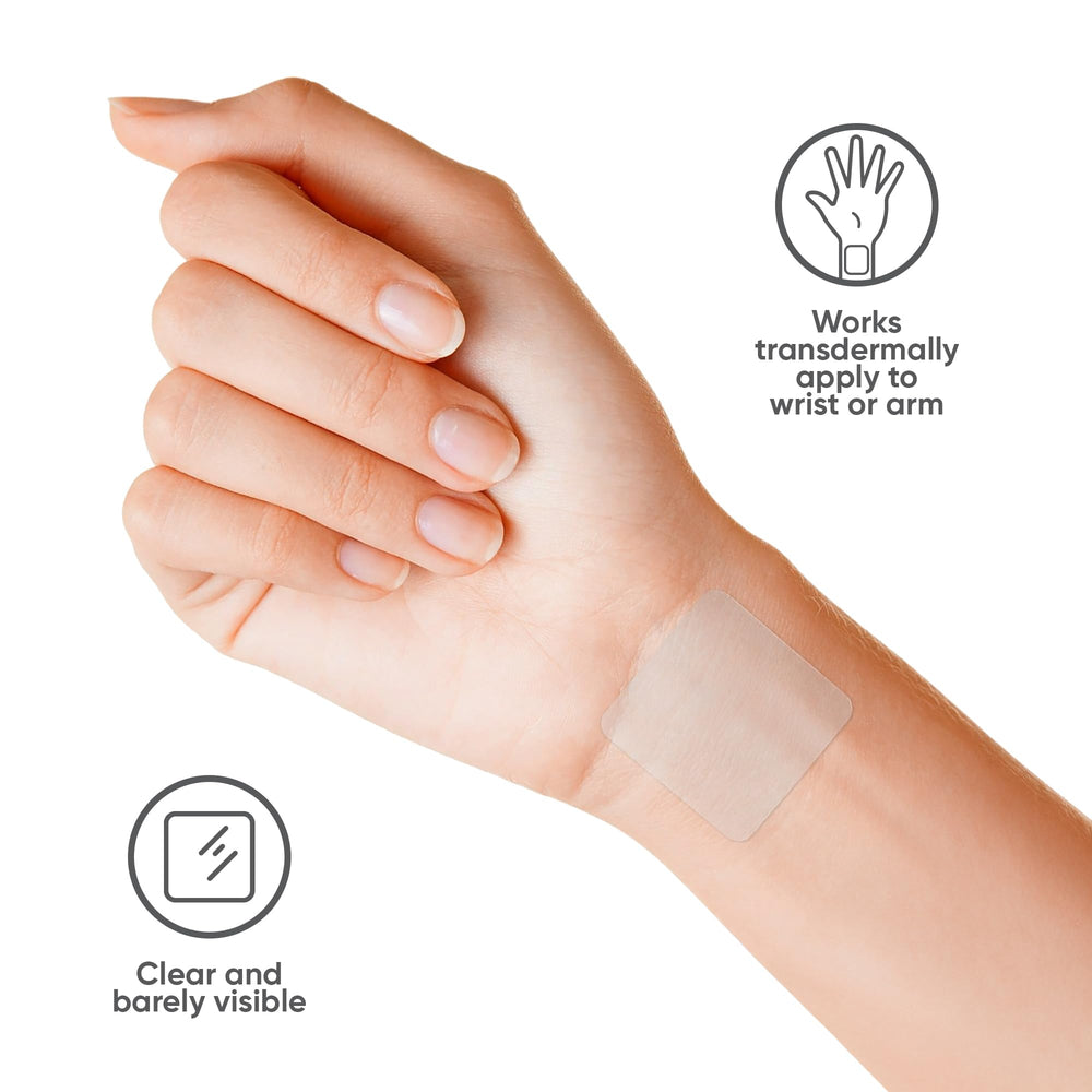 Close-up of translucent transdermal patch in use