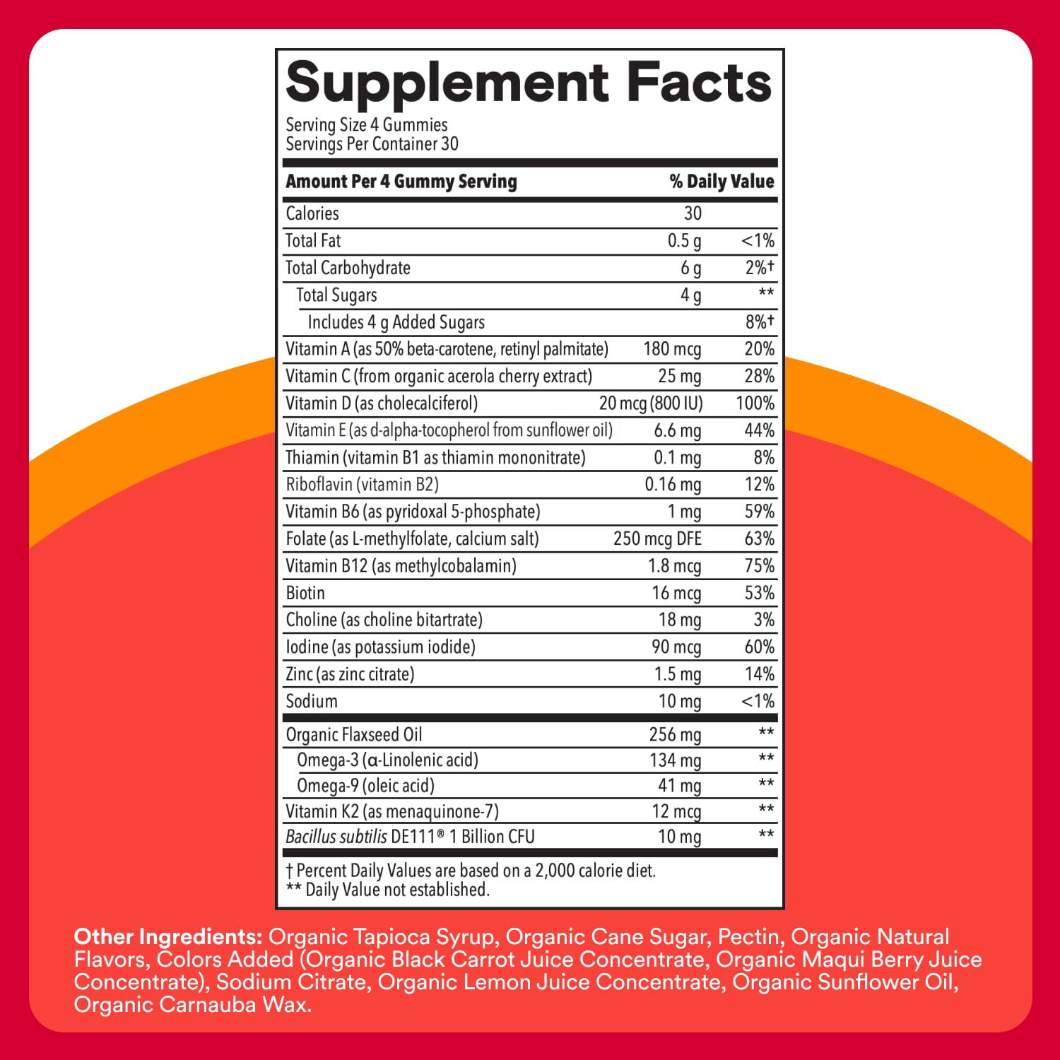 Nutrition facts panel for SmartyPants Organic Kids Multivitamin Gummies