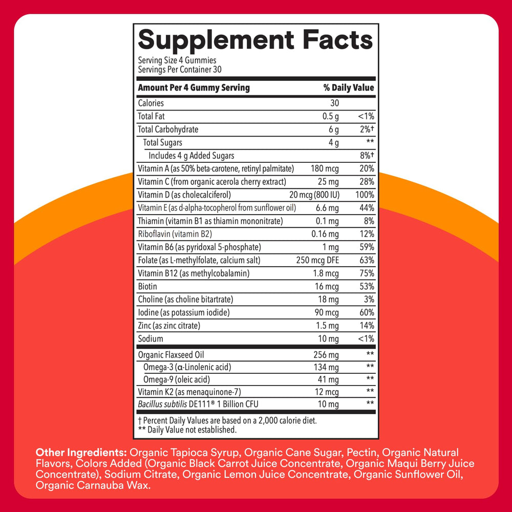 Nutrition facts panel for SmartyPants Organic Kids Multivitamin Gummies