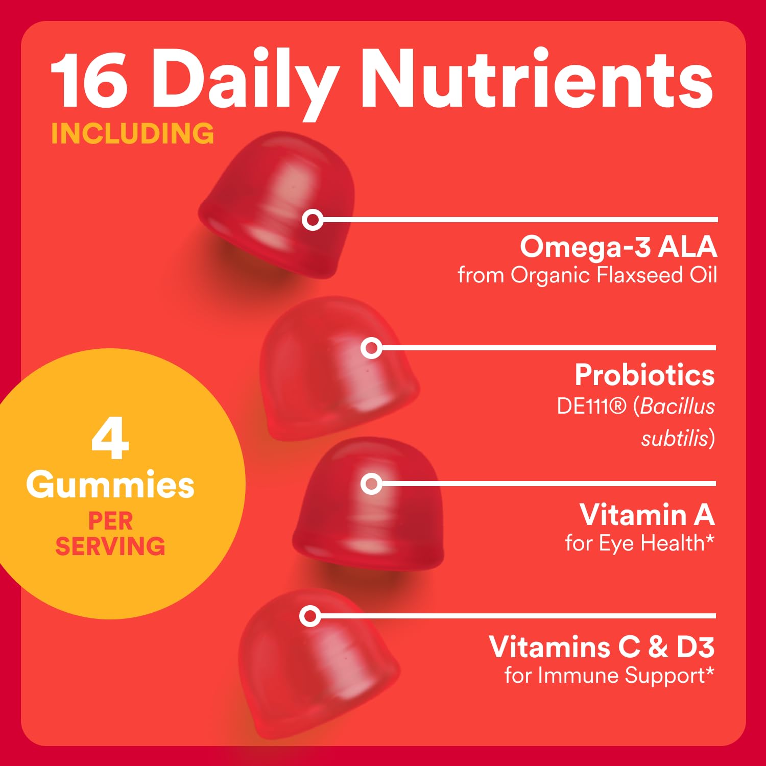Gummies showing probiotics and omega-3 ALA content