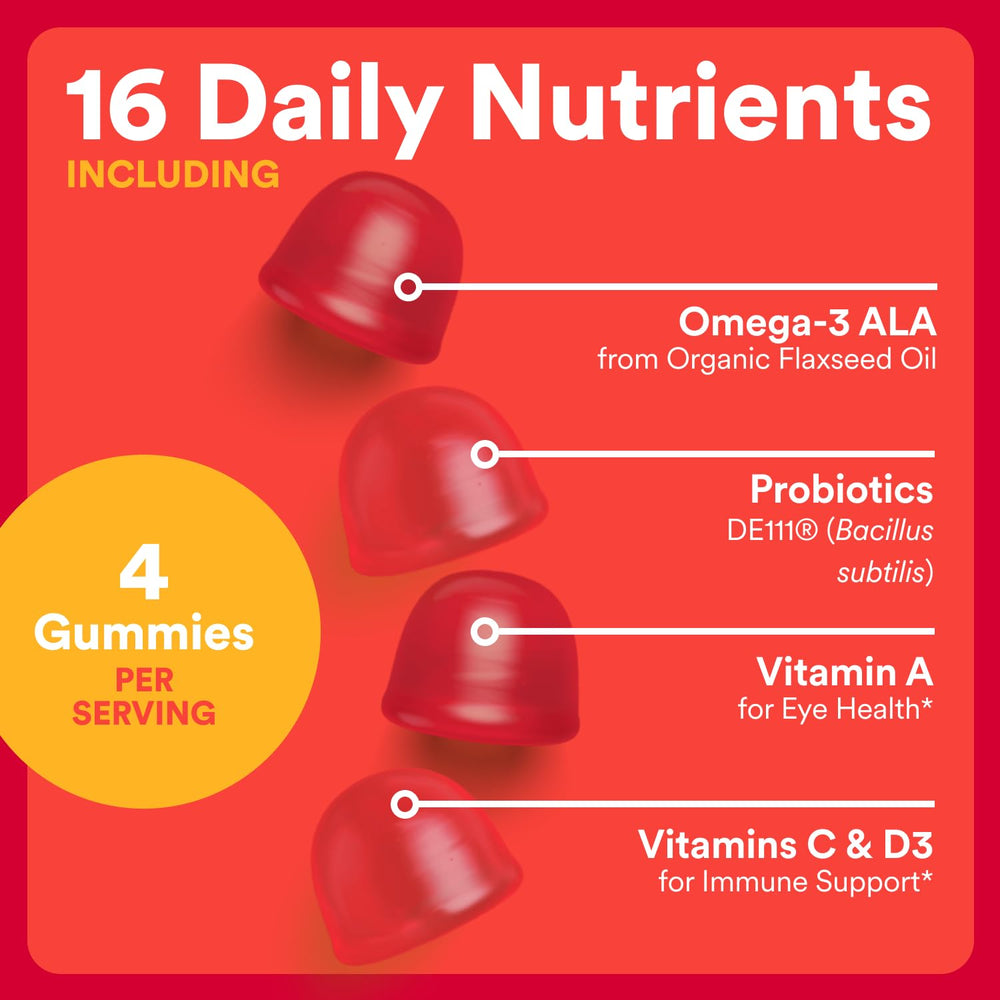 Gummies showing probiotics and omega-3 ALA content