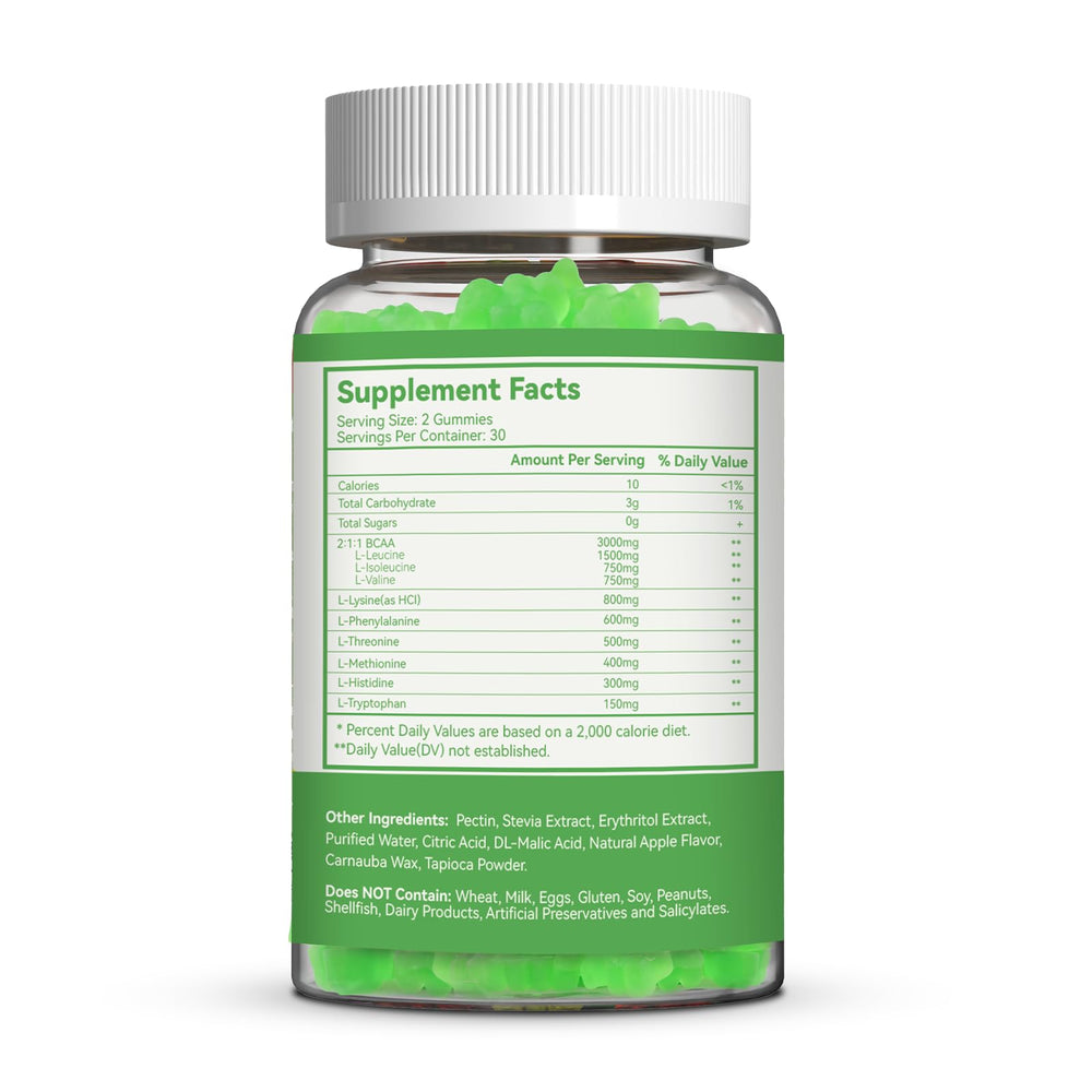 Vegan-friendly, non-GMO, gluten-free badges on SmideHeal EAA Gummies