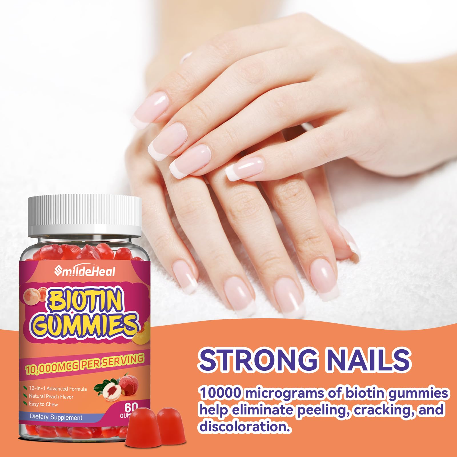 Peach-flavored Biotin Gummies on a white surface