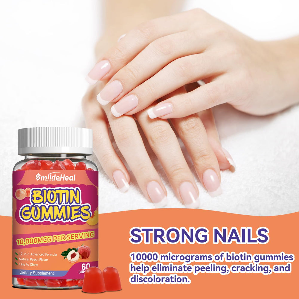 Peach-flavored Biotin Gummies on a white surface