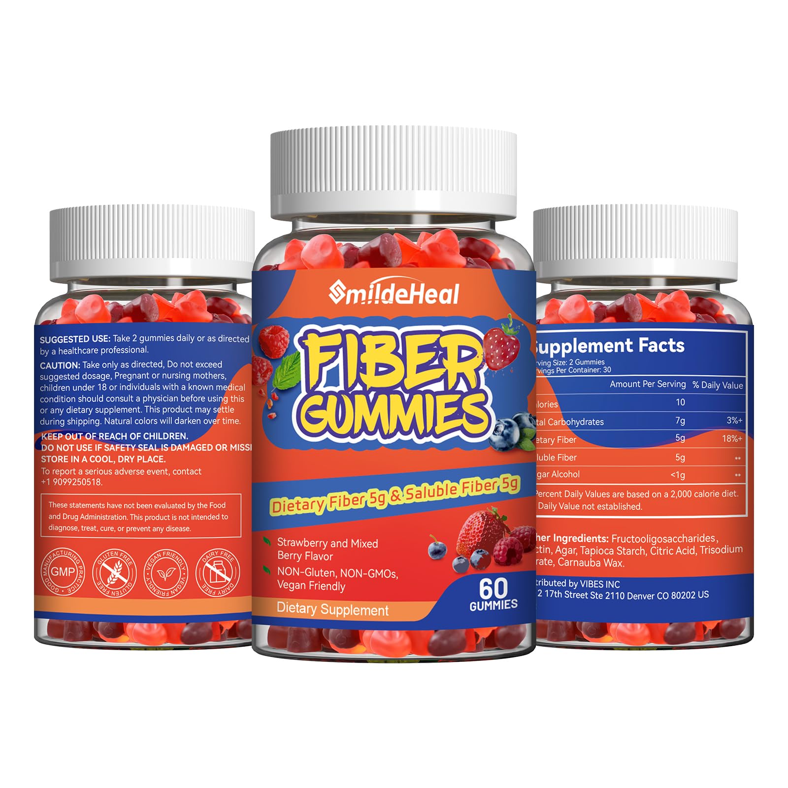 SmildeHeal Fiber Gummies certifications: GMP, vegan, non-GMO, gluten-free