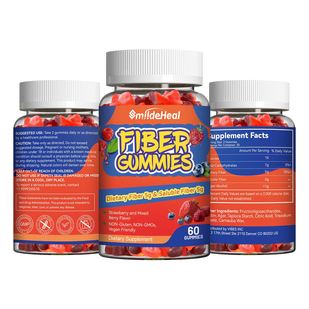SmildeHeal Fiber Gummies certifications: GMP, vegan, non-GMO, gluten-free