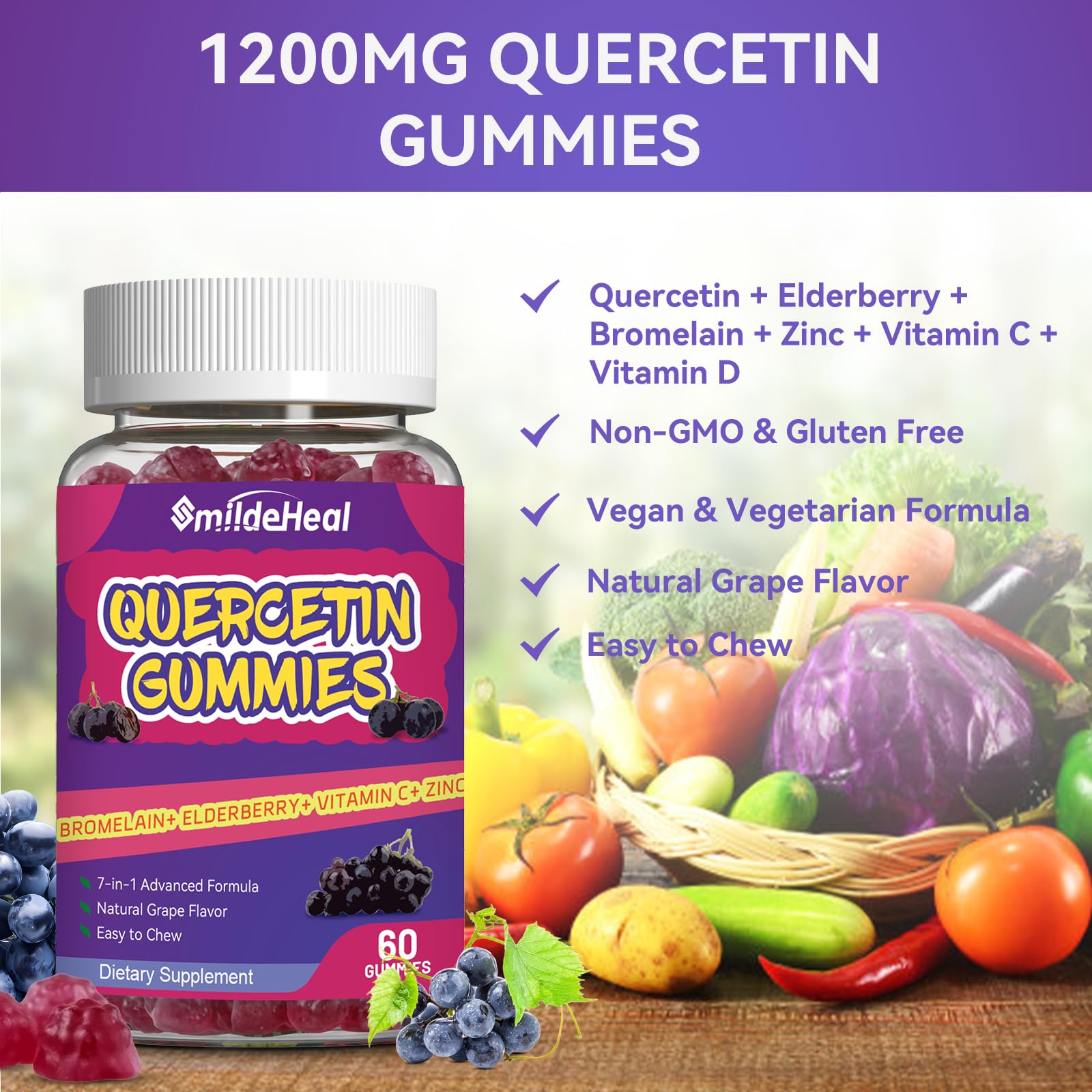 Vegan, gelatin-free and gluten-free label for SmildeHeal Quercetin Gummies