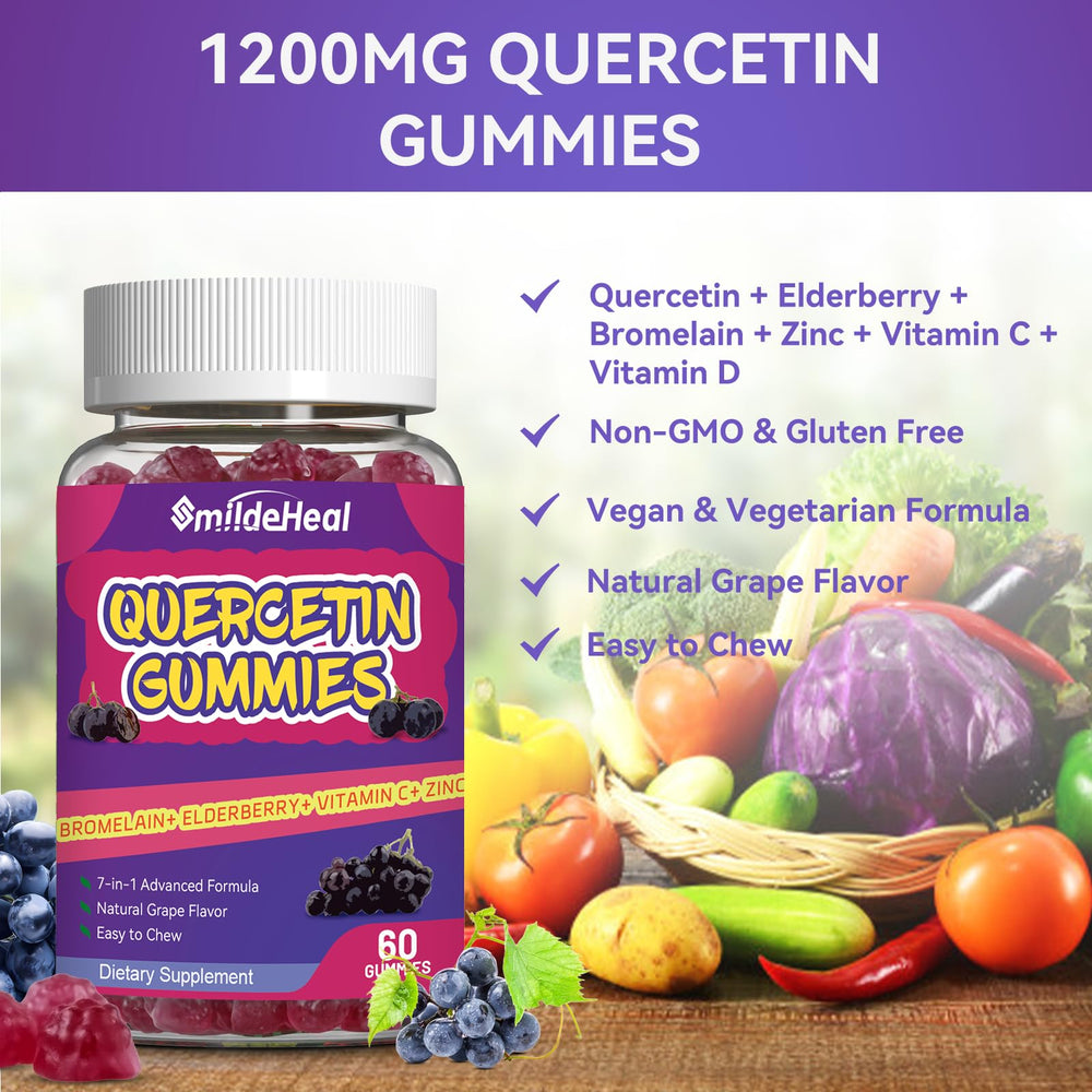 Vegan, gelatin-free and gluten-free label for SmildeHeal Quercetin Gummies