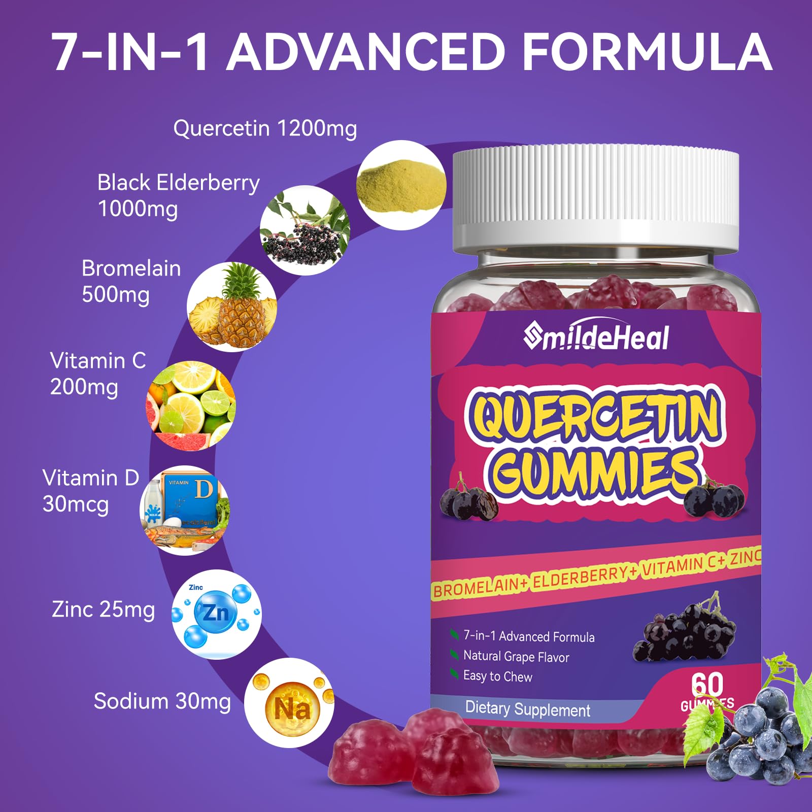 Bottle of SmildeHeal Quercetin Gummies, 60-count