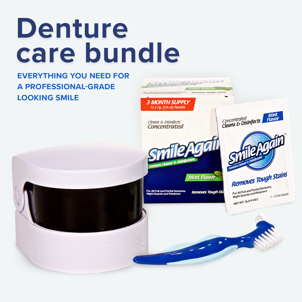 Ultrasonic denture cleaner bottle included in the Smile Again kit