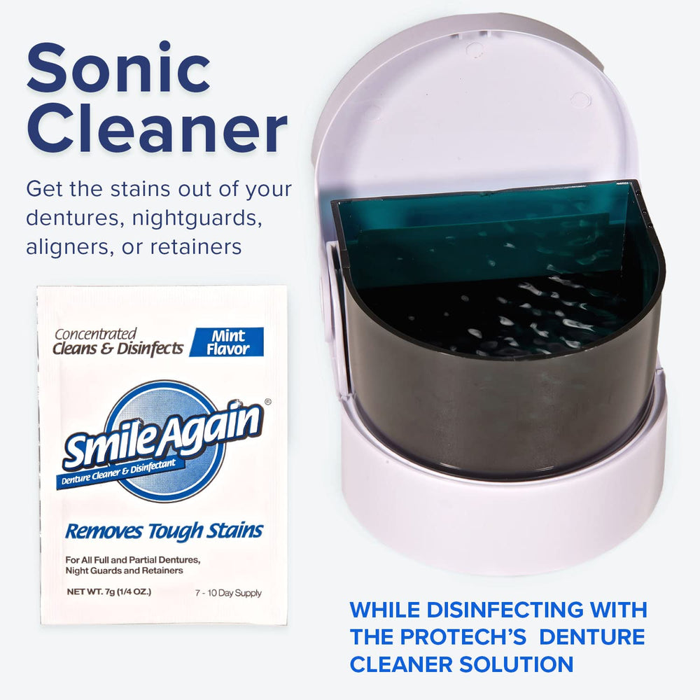 Denture cleaning solution bottle and cleaning brush from the Smile Again kit