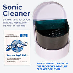 Denture cleaning solution bottle and cleaning brush from the Smile Again kit