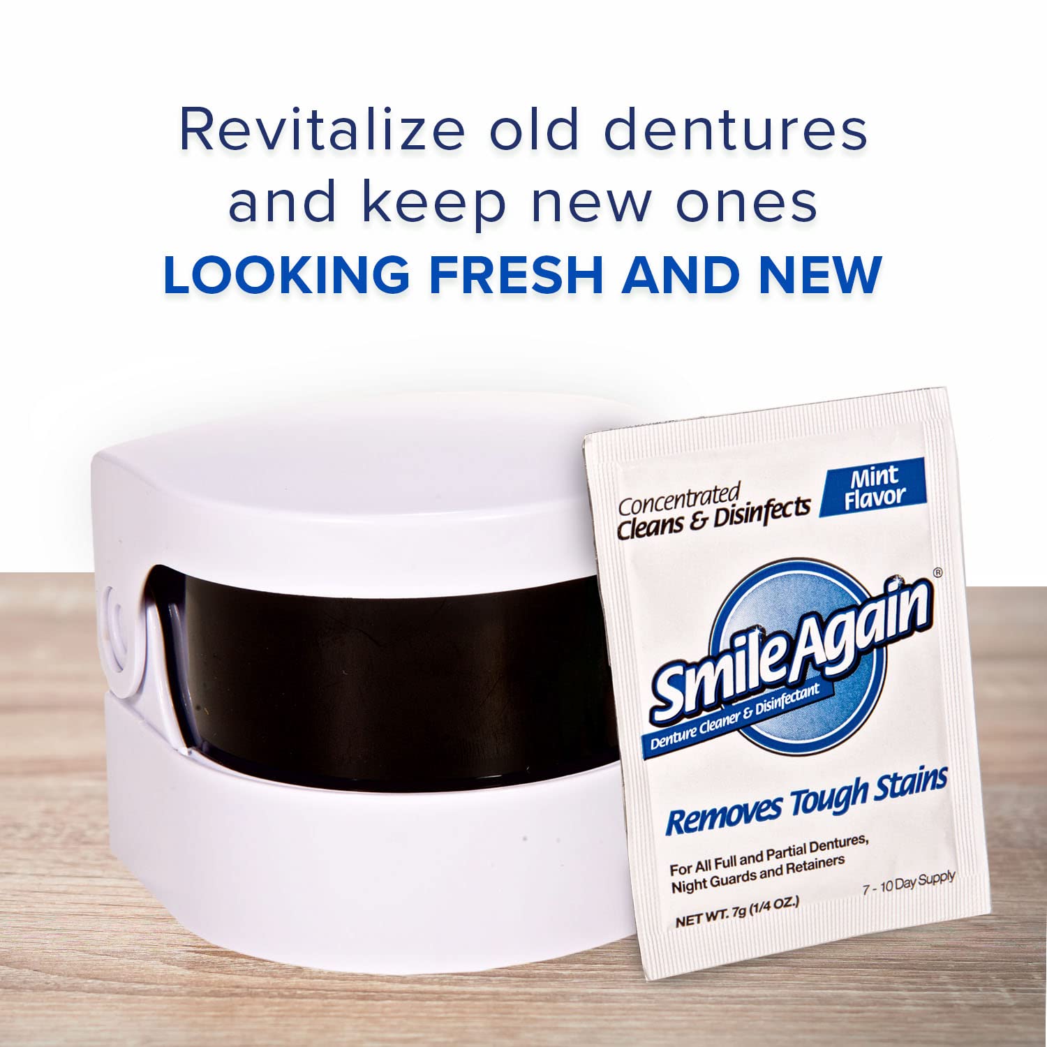 Close-up of cleaning action showing cleaned dentures or aligners