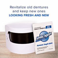 Close-up of cleaning action showing cleaned dentures or aligners