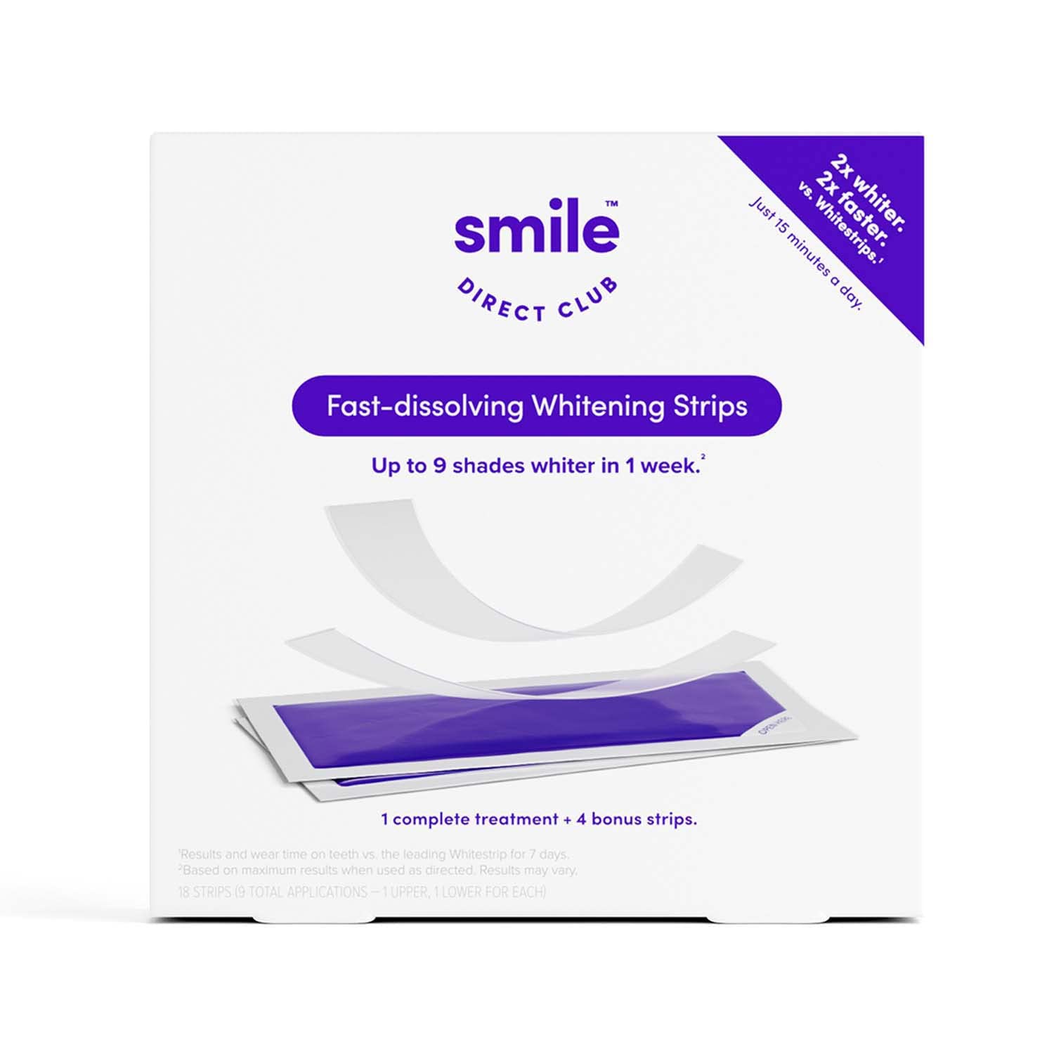 SmileDirectClub fast-dissolving teeth whitening strips 18-count box front view