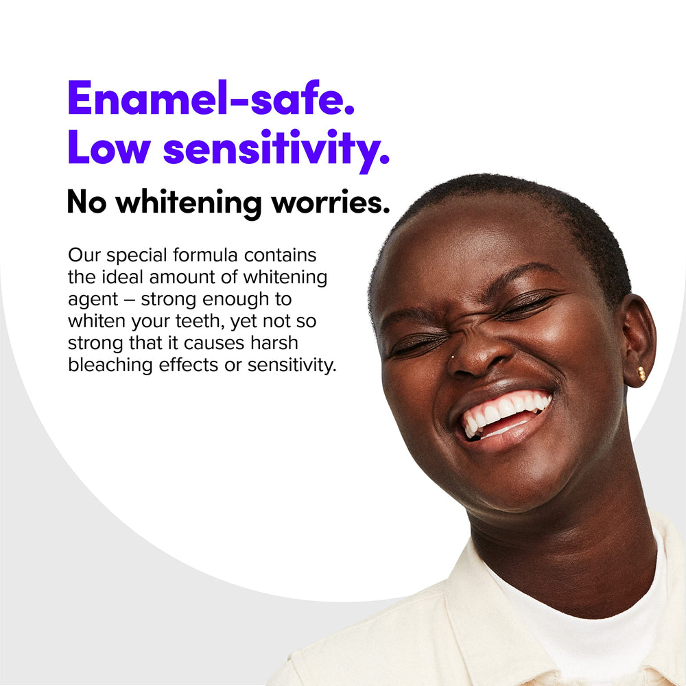 Person applying SmileDirectClub whitening strips at home