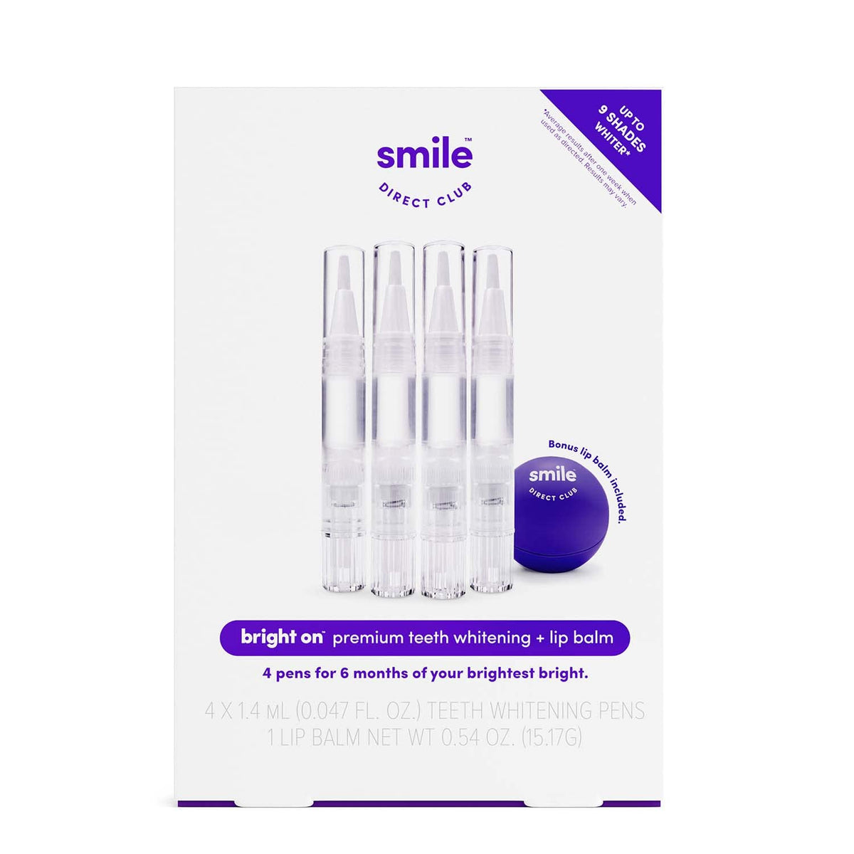 Front view of SmileDirectClub whitening kit with lip balm and four 1.4ml gel pens