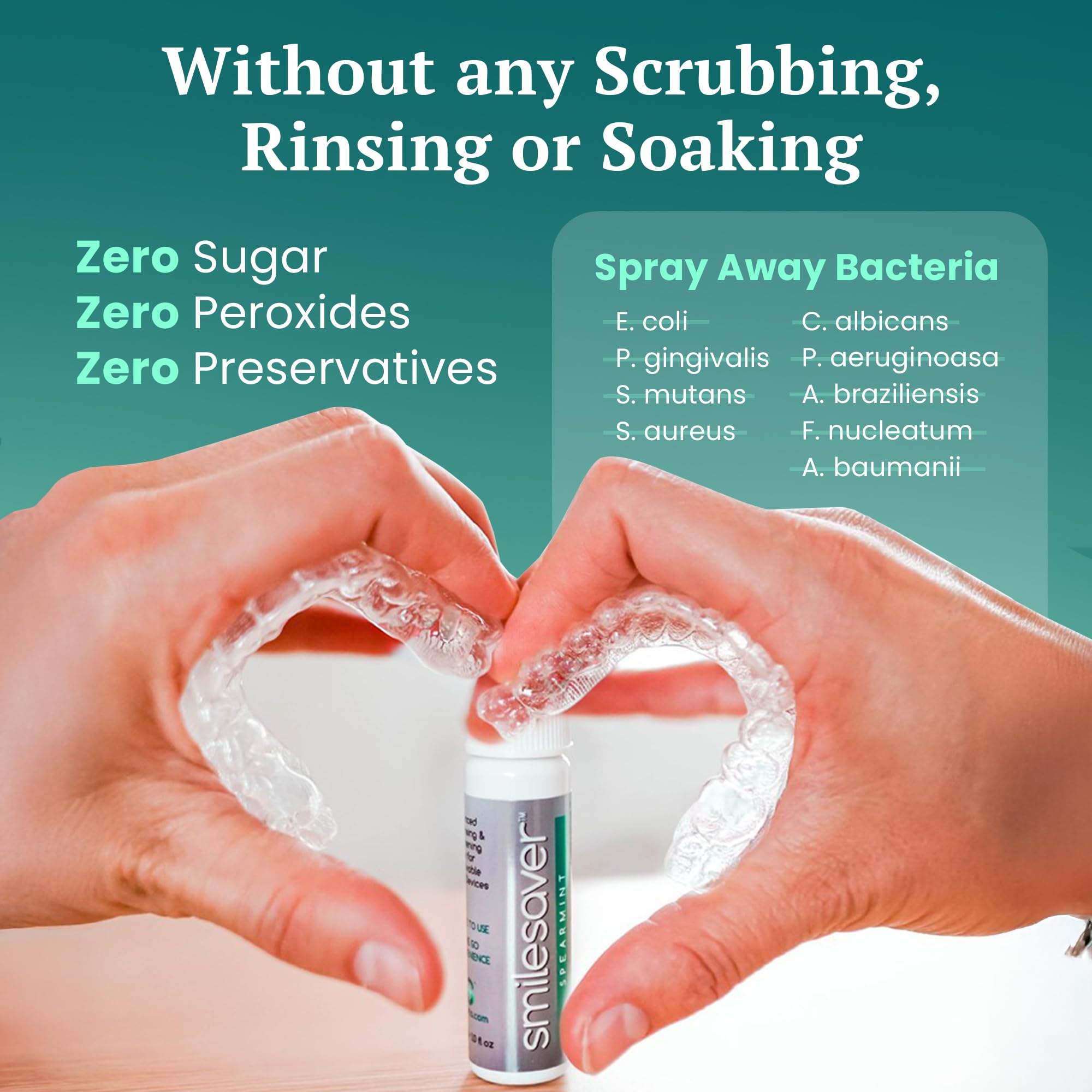 Usage steps for Smilesaver: spray, wait 30 seconds, re-insert