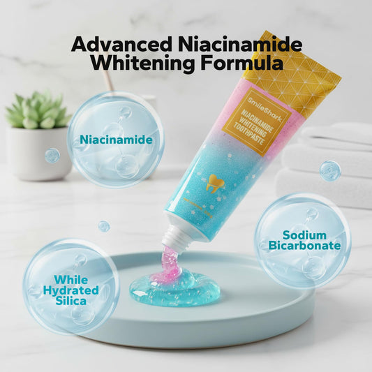 Ingredient panel showing niacinamide, hydrated silica, sodium bicarbonate and peppermint extract