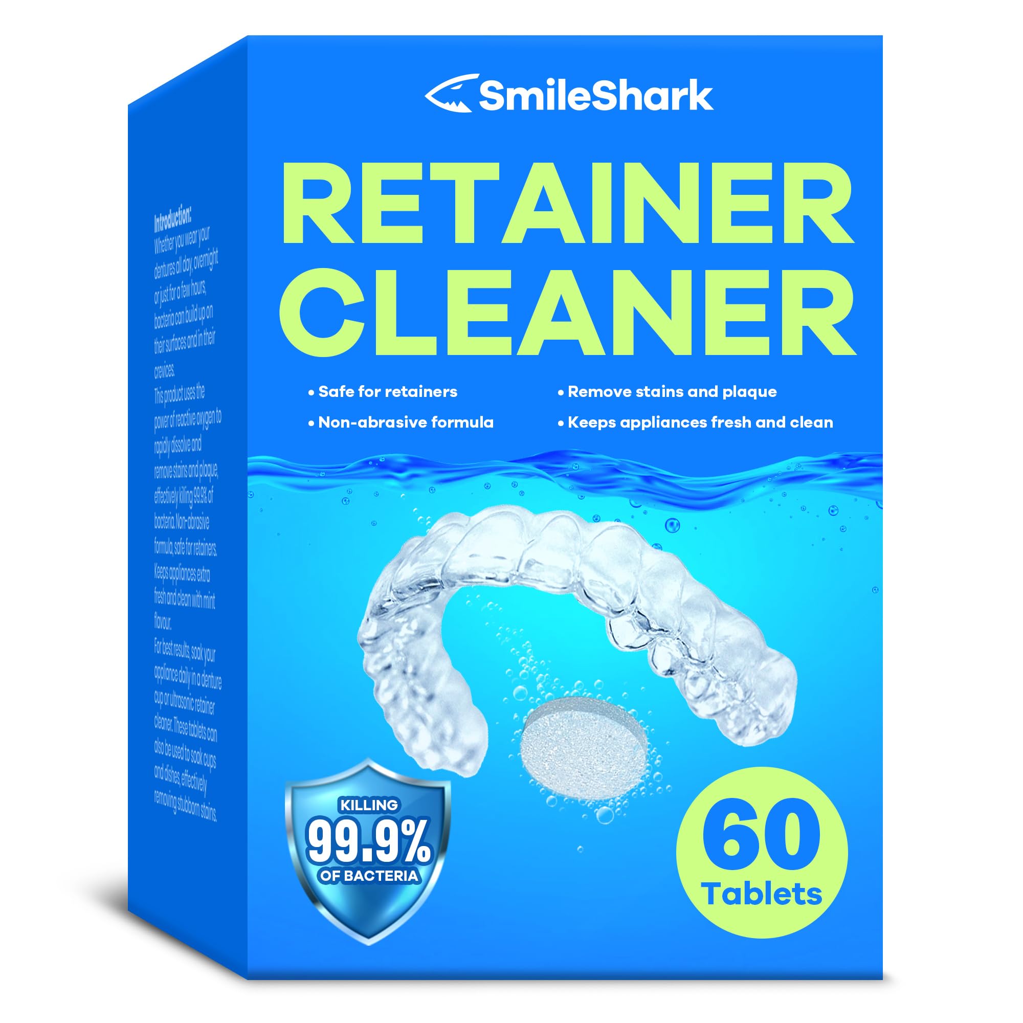 SmileShark Retainer Cleaner tablets dissolving in water with minty scent