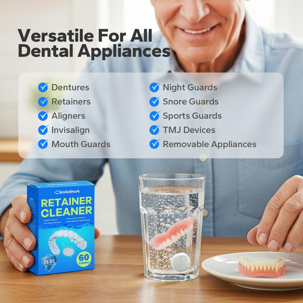 Retainer and denture cleaning action with SmileShark tablets